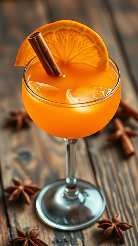 A citrusy spiced orange vodka cocktail with an orange slice and cinnamon stick on a wooden table.